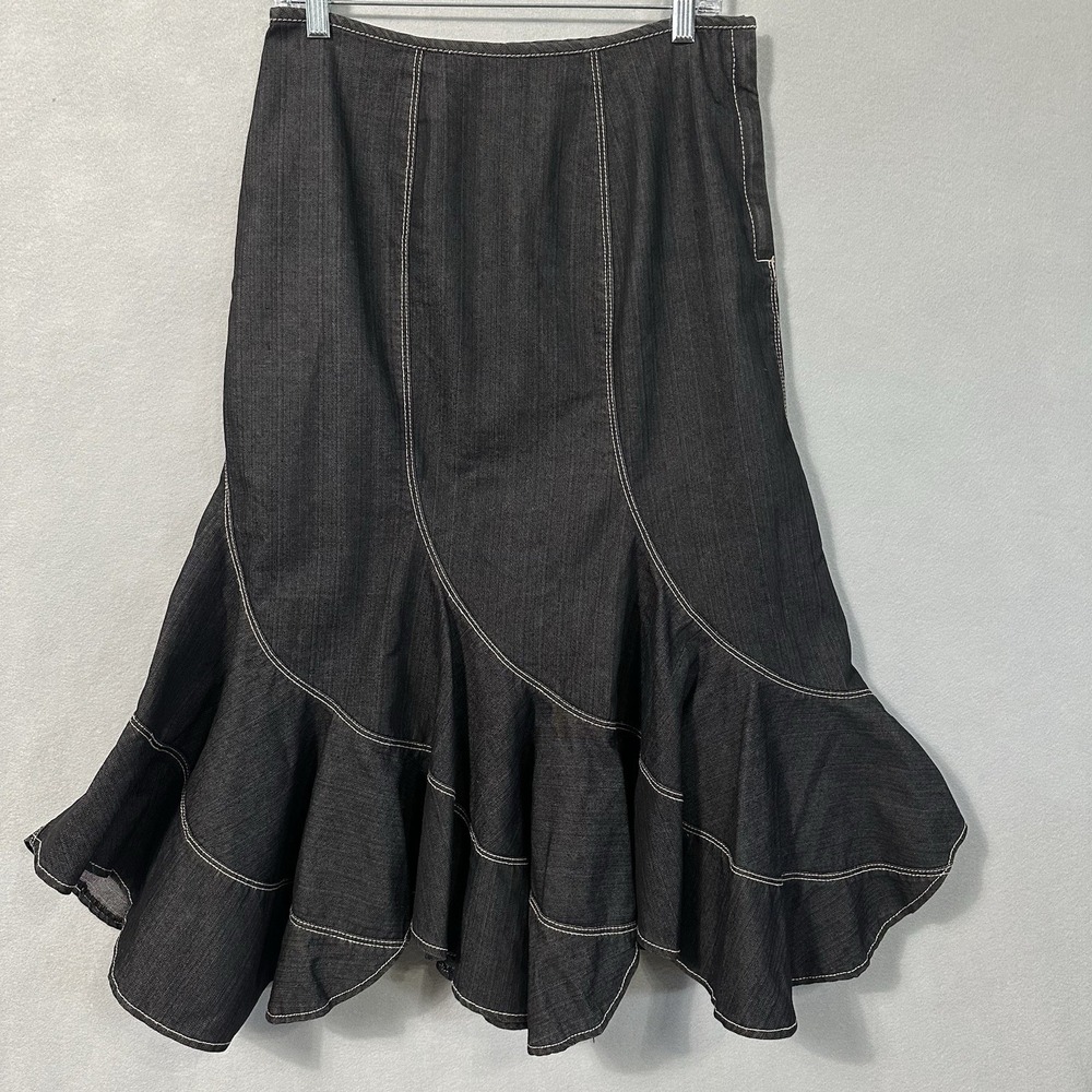 Vtg Y2k Denim Ruffle Midi Skirt Size 10P Black Jean Ruffle Country Cowgirl Boho